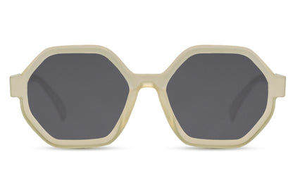 Collection of London eco geometric oversized sunglasses in black, cream and orange frames, sustainable fashion sunglasses for women for city wear, travel and modern outfits