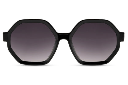 Oversized geometric sunglasses with black frame and smokey lenses, stylish London streetwear sunglasses for women perfect for everyday wear and urban fashion