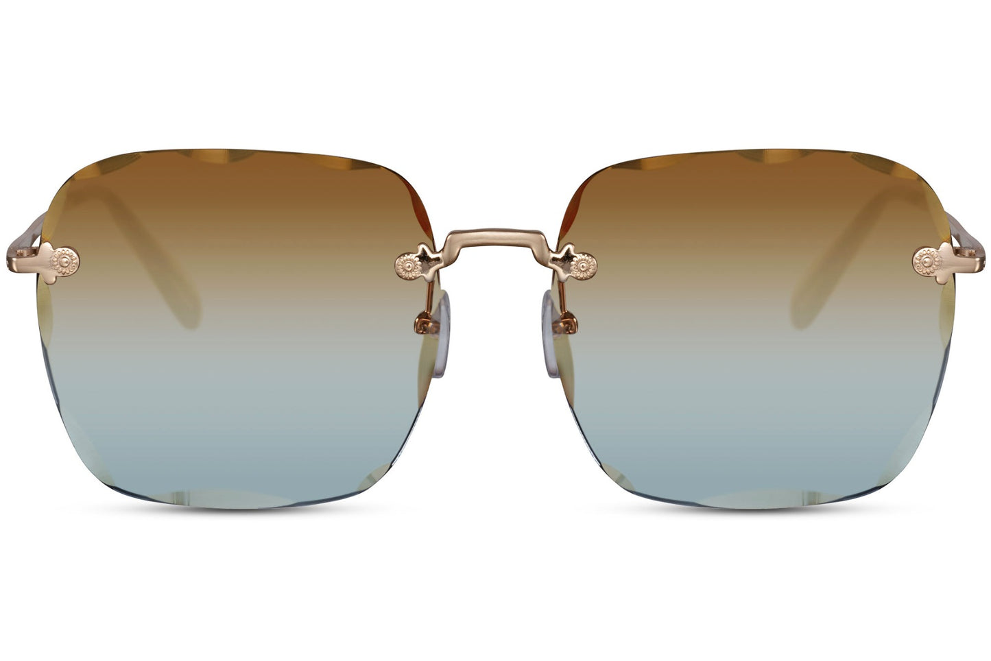 Oversized rimless sunglasses with blue lenses and gold frame London inspired style, fashionable women sunglasses for city looks, travel and summer outfits