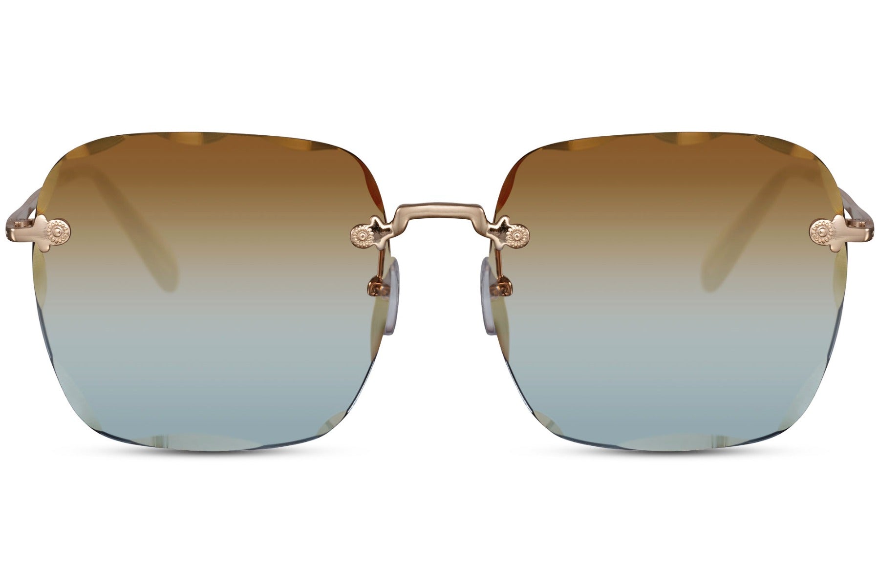 Oversized rimless sunglasses with blue lenses and gold frame London inspired style, fashionable women sunglasses for city looks, travel and summer outfits