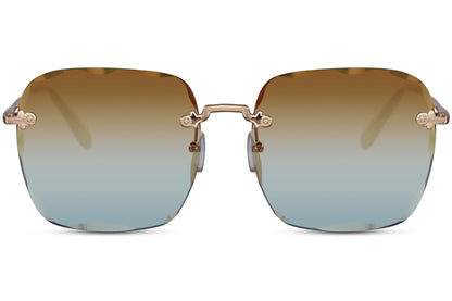 Oversized rimless sunglasses with blue lenses and gold frame London inspired style, fashionable women sunglasses for city looks, travel and summer outfits