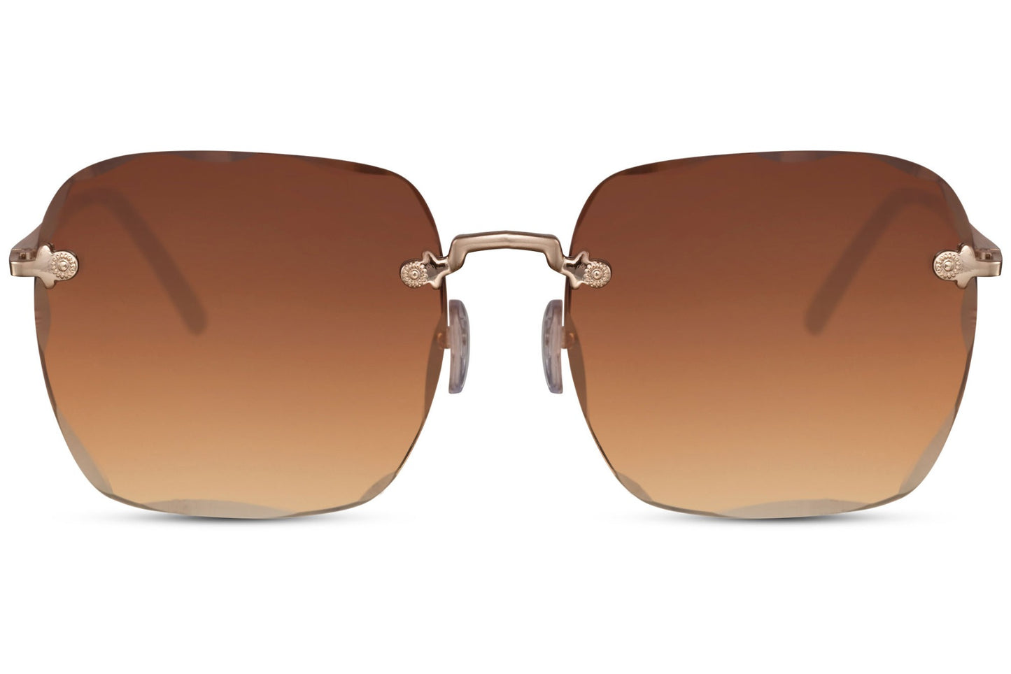London rimless oversized sunglasses with brown lenses and gold frame, modern women sunglasses with minimal design, perfect for city outfits, travel and everyday style