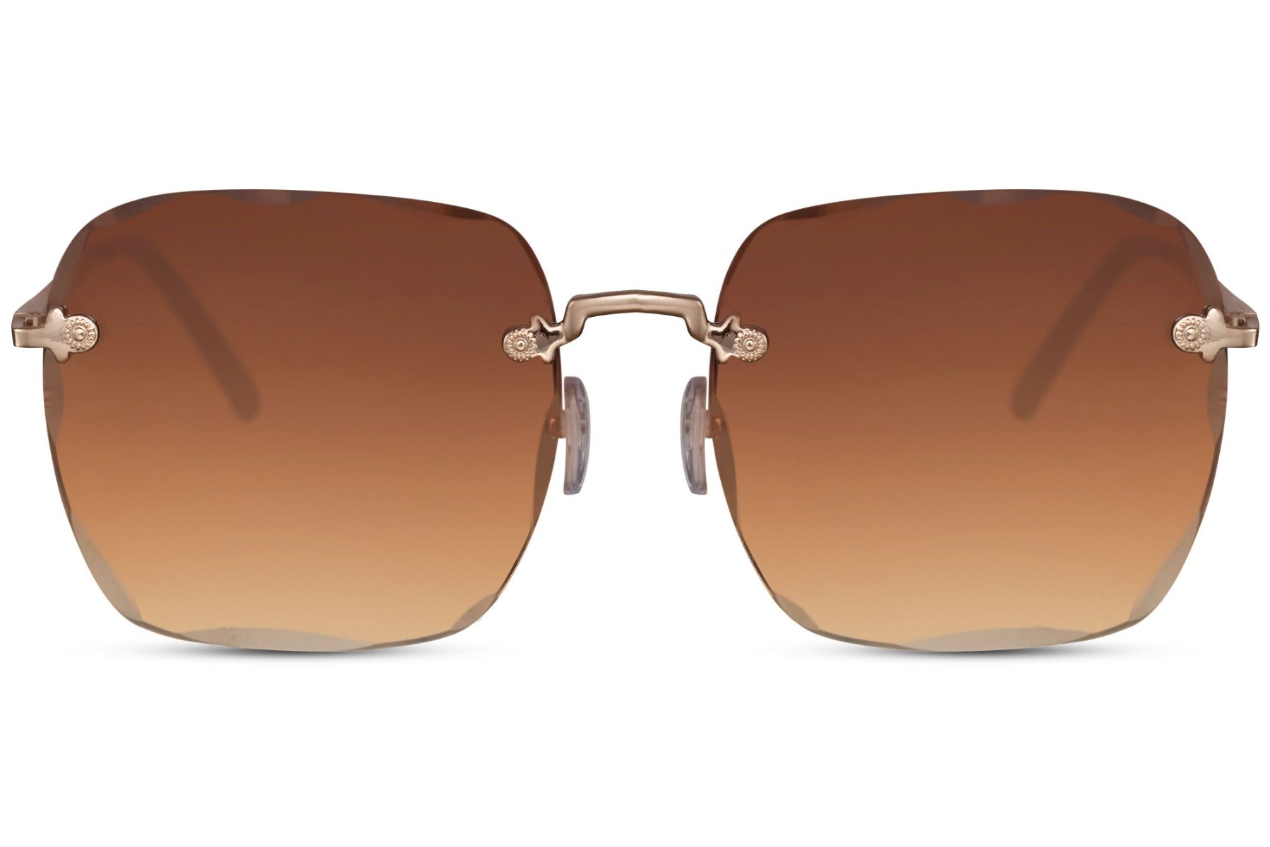 London rimless oversized sunglasses with brown lenses and gold frame, modern women sunglasses with minimal design, perfect for city outfits, travel and everyday style