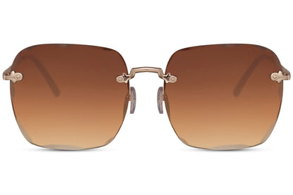 London rimless oversized sunglasses with brown lenses and gold frame, modern women sunglasses with minimal design, perfect for city outfits, travel and everyday style