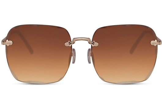London rimless oversized sunglasses with brown lenses and gold frame, modern women sunglasses with minimal design, perfect for city outfits, travel and everyday style
