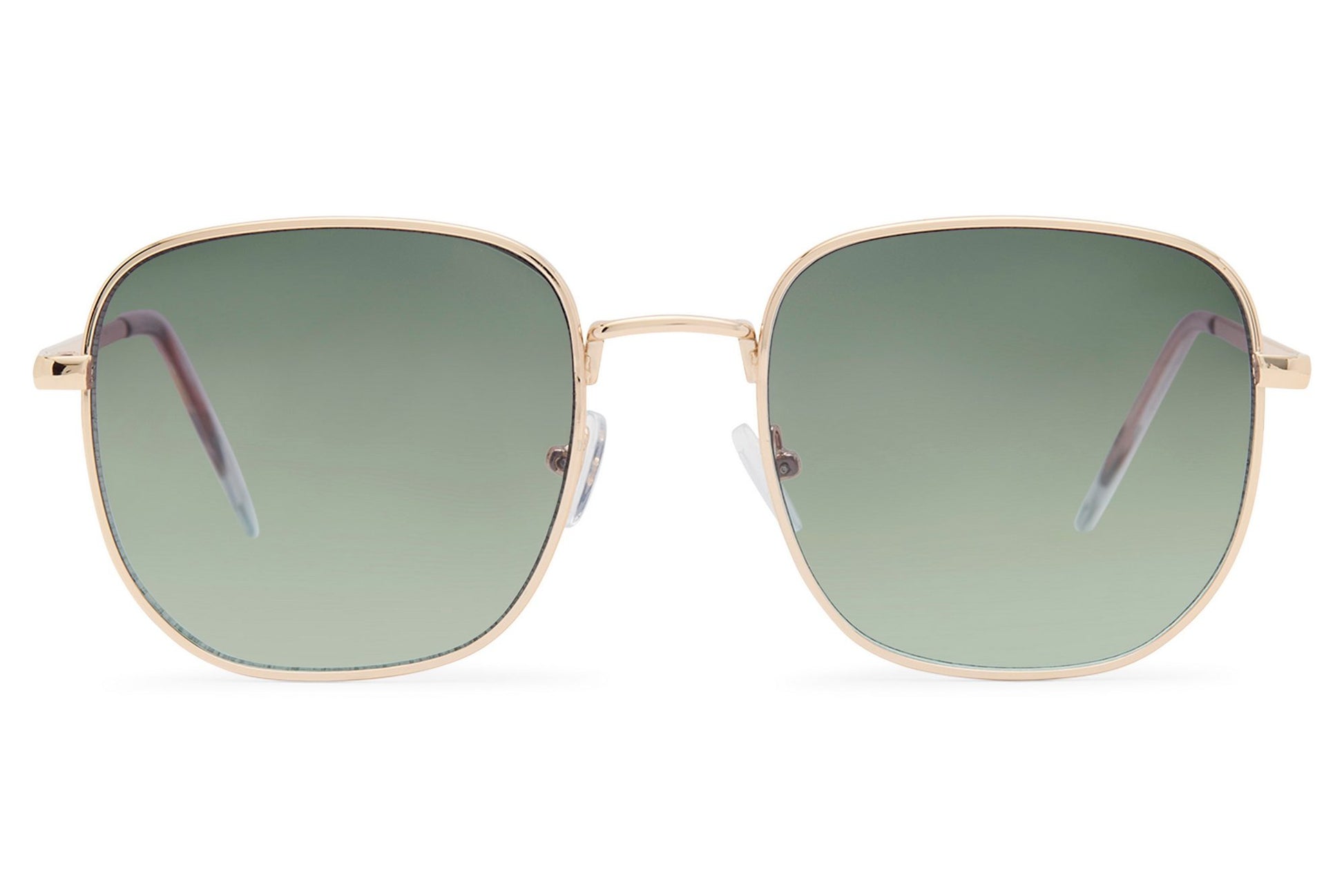 Luxury inspired square metal sunglasses for women with soft green gradient lenses and minimalist frame design