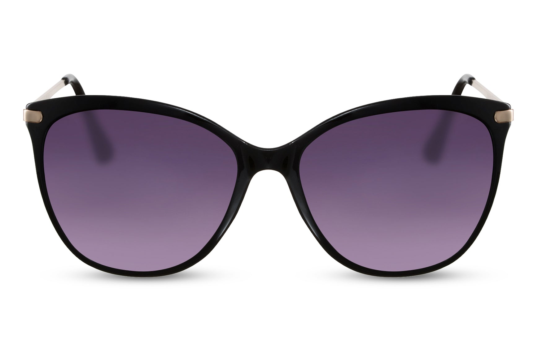 Marilyn-inspired cat eye sunglasses with bold black frame and purple tinted lenses, capturing classic feminine glamour with modern UV protection
