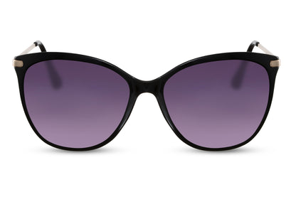 Marilyn-inspired cat eye sunglasses with bold black frame and purple tinted lenses, capturing classic feminine glamour with modern UV protection