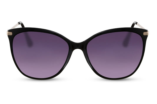 Marilyn-inspired cat eye sunglasses with bold black frame and purple tinted lenses, capturing classic feminine glamour with modern UV protection