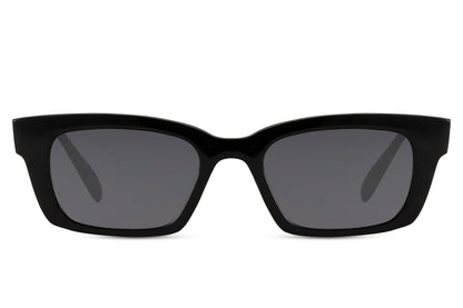 Women’s matte black rectangle sunglasses with dark lenses by Sunglass Station, bold minimalist eyewear with a sleek modern design, available online with free shipping across the UK and Europe