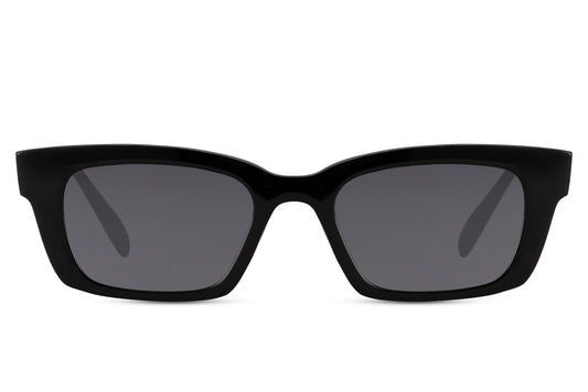Women’s matte black rectangle sunglasses with dark lenses by Sunglass Station, bold minimalist eyewear with a sleek modern design, available online with free shipping across the UK and Europe