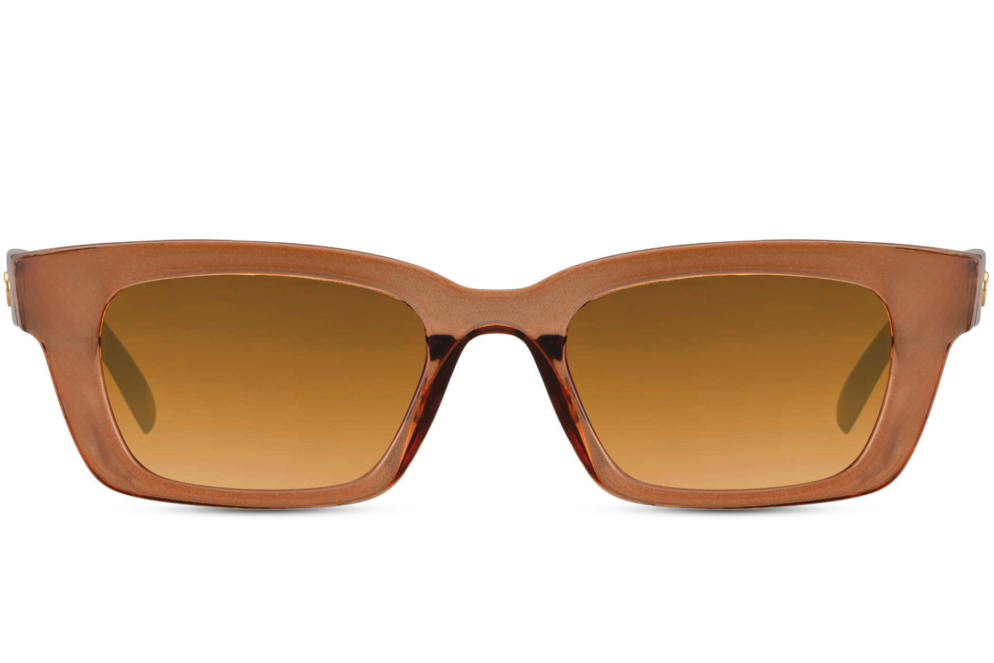 Women’s rectangle sunglasses with brown frame and amber lenses by Sunglass Station, modern eyewear combining classic tones with a sleek matte finish