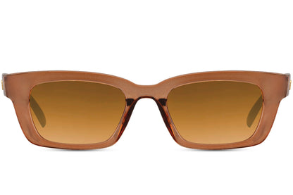 Women’s rectangle sunglasses with brown frame and amber lenses by Sunglass Station, modern eyewear combining classic tones with a sleek matte finish