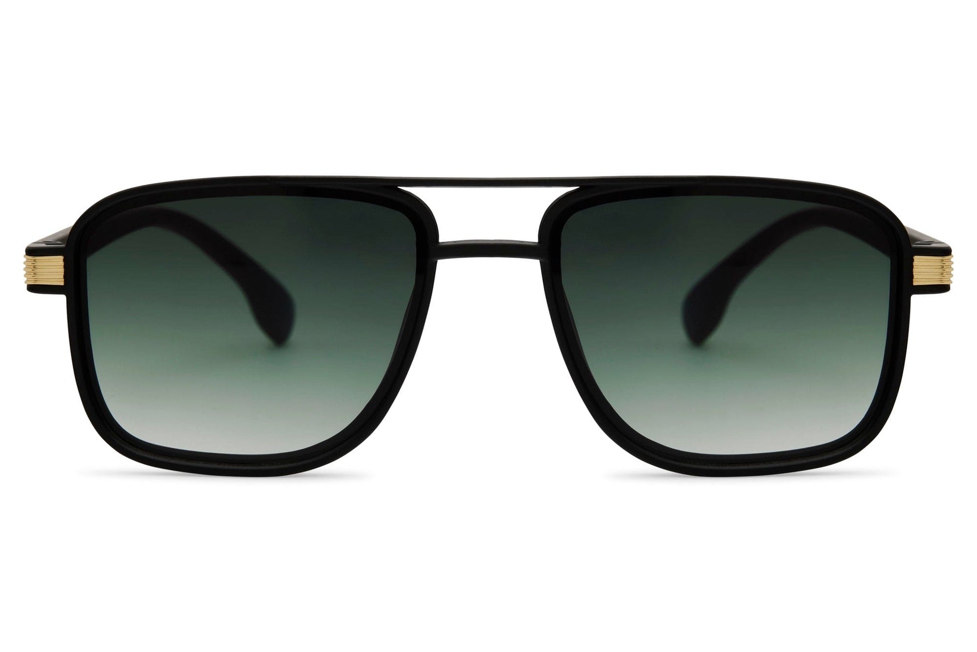 Men’s square aviator sunglasses with green tinted lenses and black frame, combining classic aviator style with modern square shape