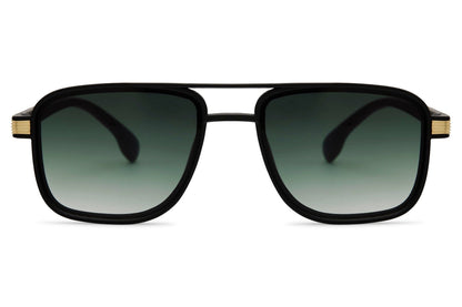 Men’s square aviator sunglasses with green tinted lenses and black frame, combining classic aviator style with modern square shape