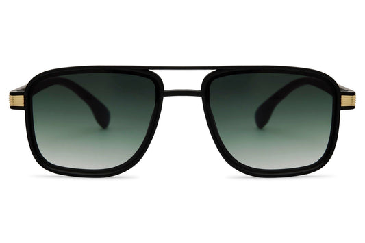 Men’s square aviator sunglasses with green tinted lenses and black frame, combining classic aviator style with modern square shape