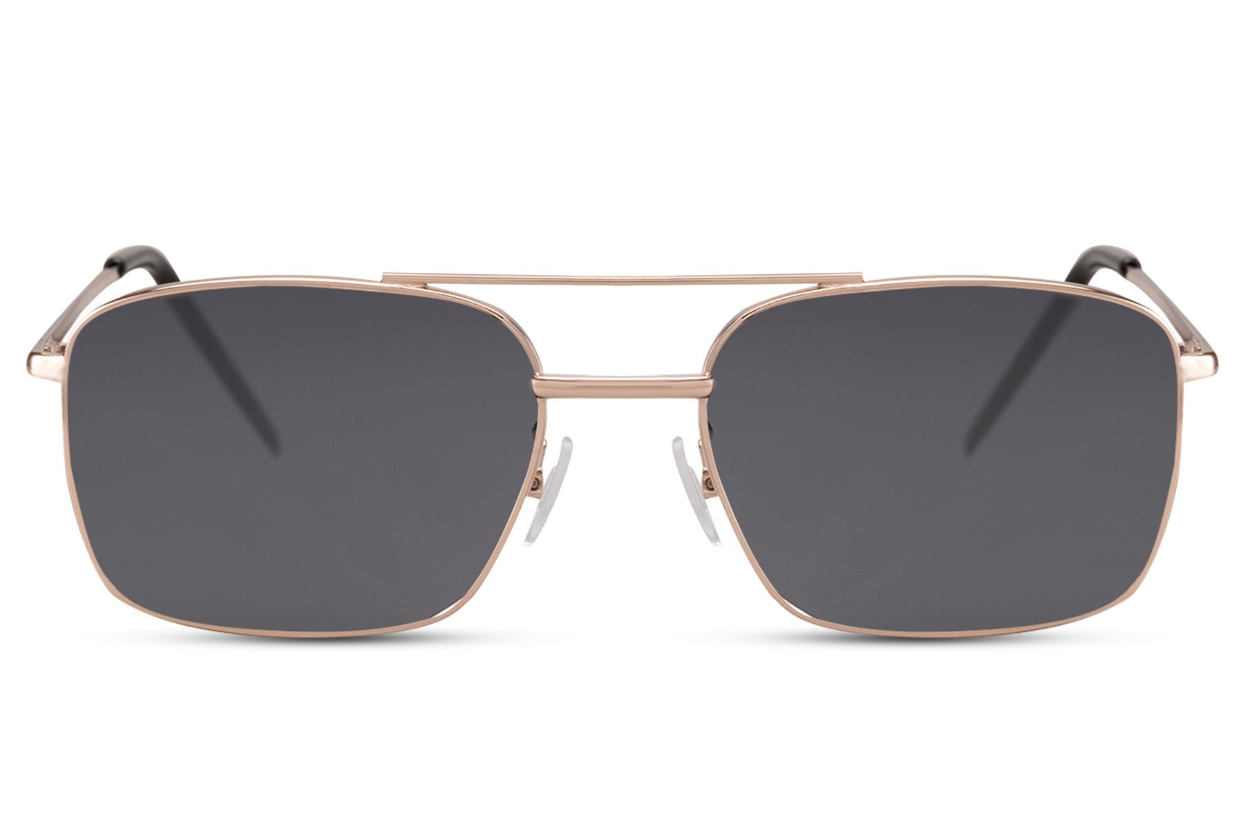 Metal frame rectangle sunglasses with gold frame and dark lenses by Sunglass Station, lightweight unisex eyewear with a sleek modern design and UV protection, available online with free shipping across the UK and Europe