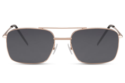 Metal frame rectangle sunglasses with gold frame and dark lenses by Sunglass Station, lightweight unisex eyewear with a sleek modern design and UV protection, available online with free shipping across the UK and Europe