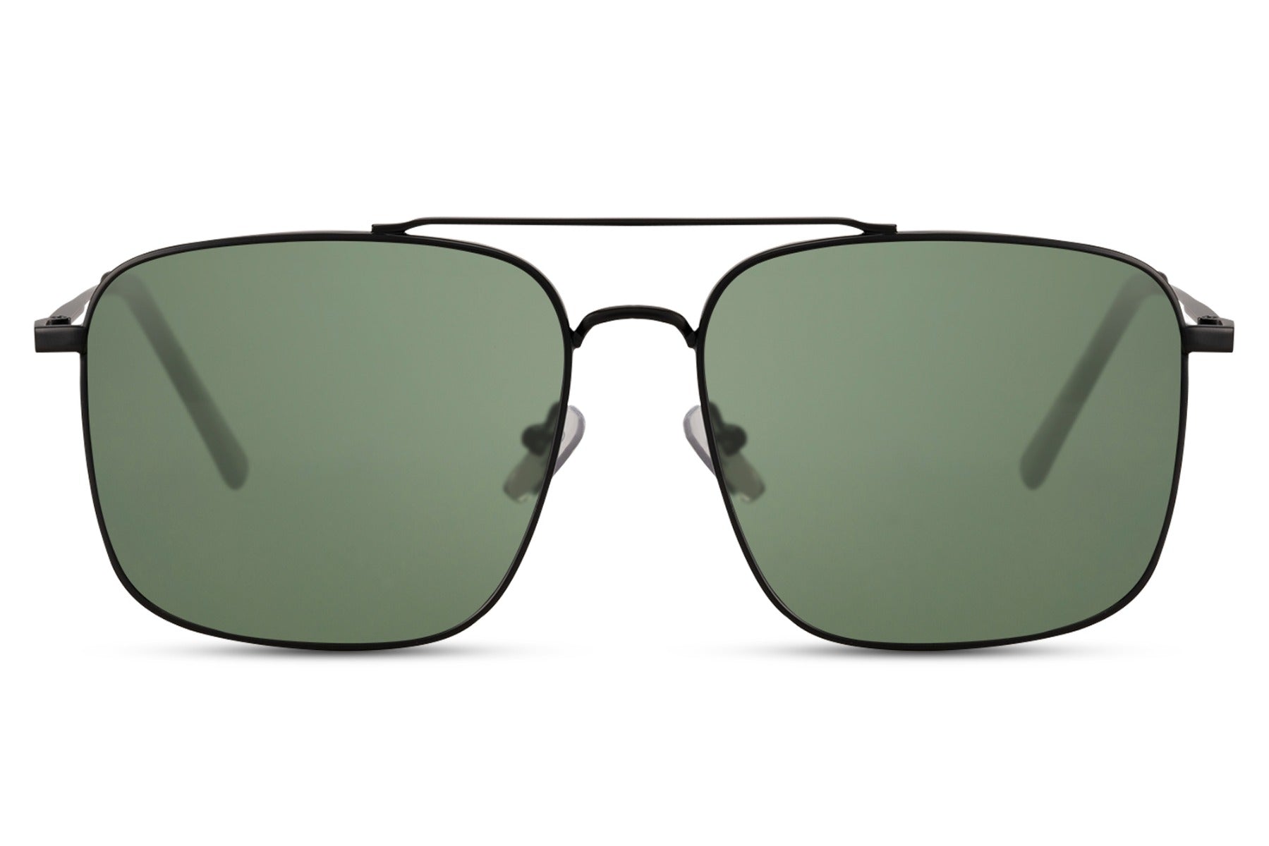 Metal frame square aviator sunglasses with green lenses, designed for durability, comfort, and versatile styling