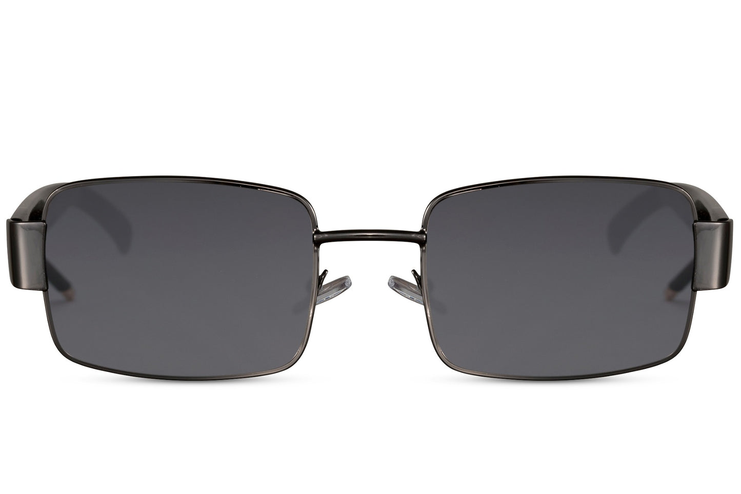 Metal frame rectangle sunglasses with black frame and dark lenses by Sunglass Station, unisex eyewear with UV protection and a strong rectangular shape