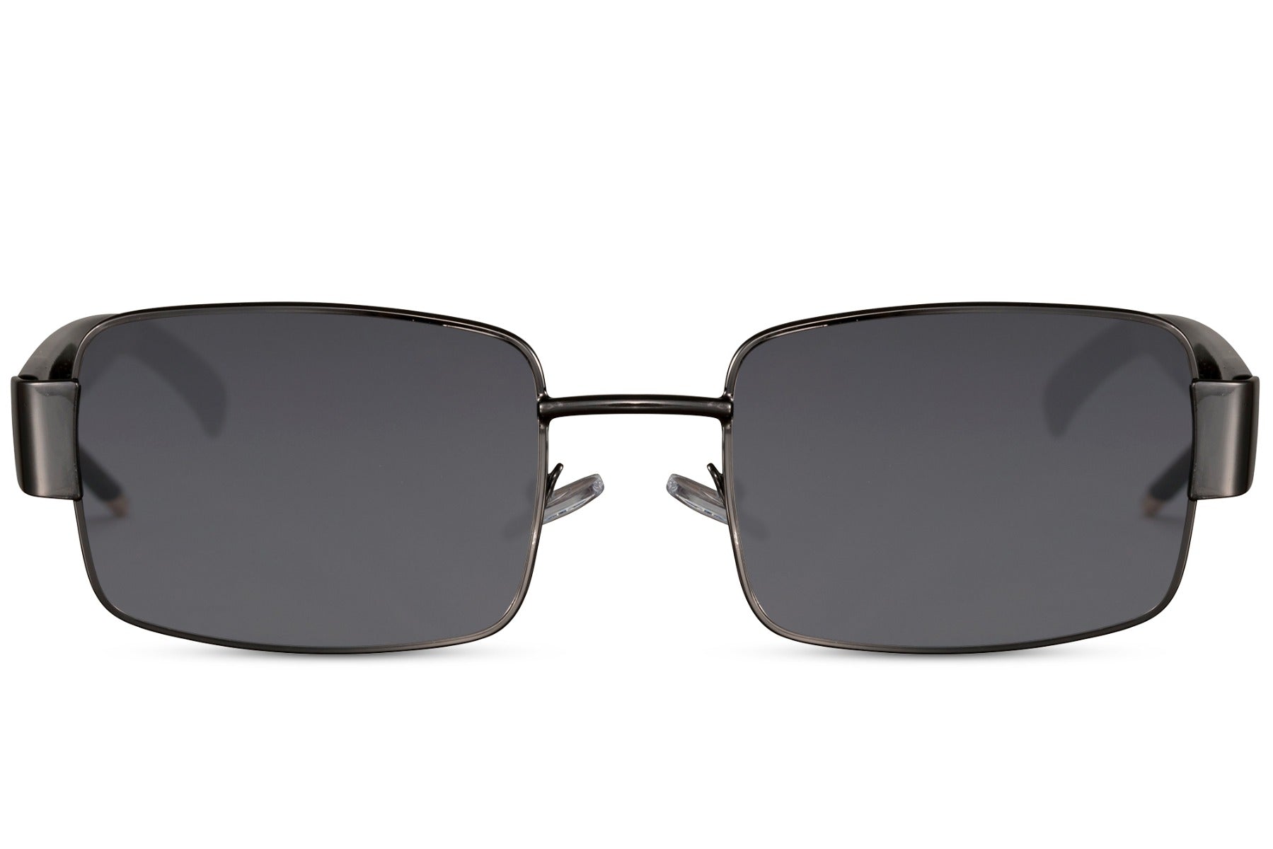 Metal frame rectangle sunglasses with black frame and dark lenses by Sunglass Station, unisex eyewear with UV protection and a strong rectangular shape