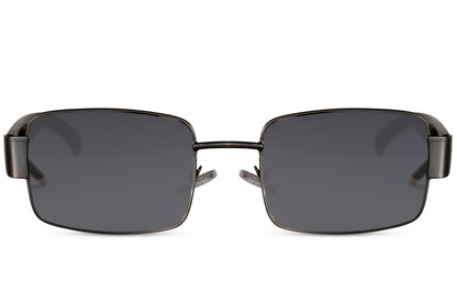 Metal frame rectangle sunglasses with black frame and dark lenses by Sunglass Station, unisex eyewear with UV protection and a strong rectangular shape