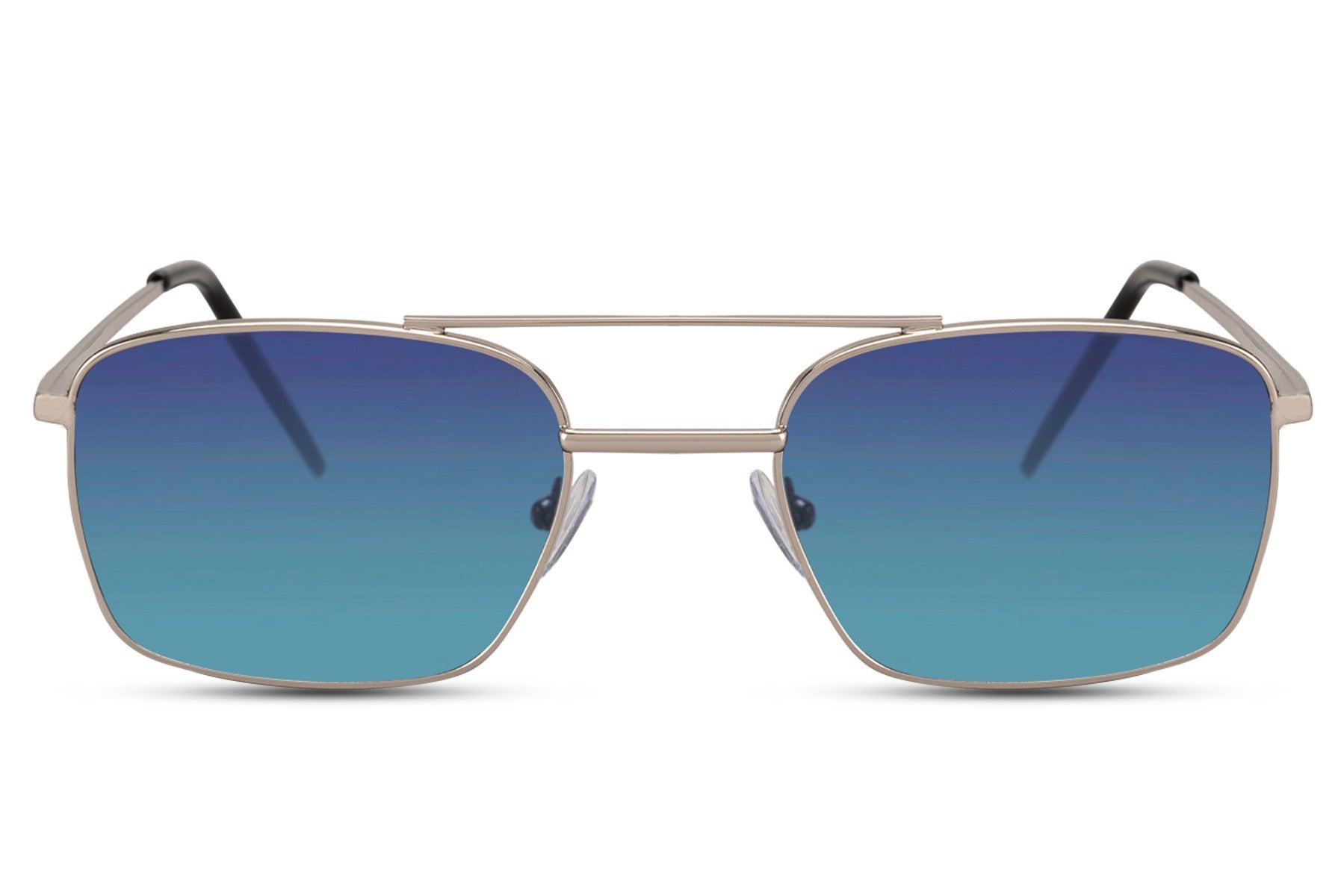 Rectangle sunglasses with metal silver frame and blue lenses by Sunglass Station, lightweight eyewear with a clean and modern aesthetic
