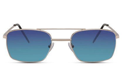 Rectangle sunglasses with metal silver frame and blue lenses by Sunglass Station, lightweight eyewear with a clean and modern aesthetic