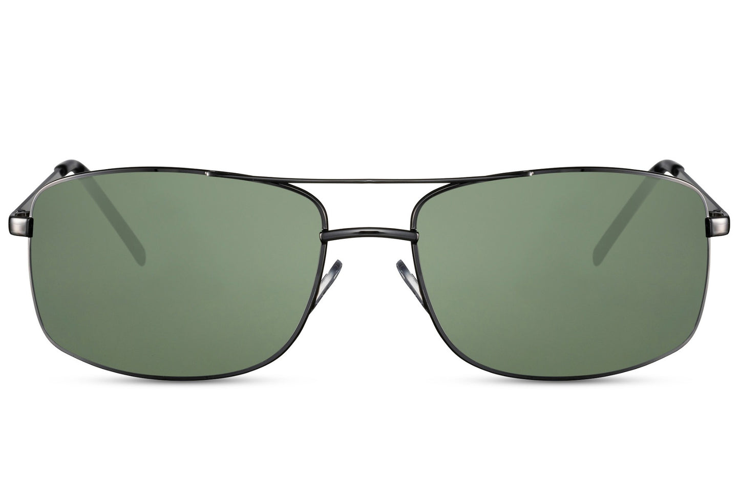 Metal rectangle sunglasses with silver frame and green lenses by Sunglass Station, lightweight unisex eyewear with a vintage-inspired shape