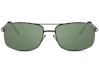 Metal rectangle sunglasses with silver frame and green lenses by Sunglass Station, lightweight unisex eyewear with a vintage-inspired shape
