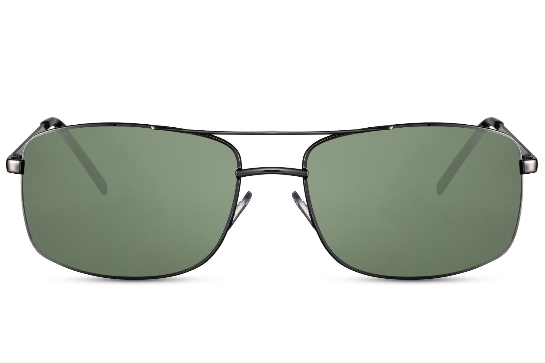 Metal rectangle vintage sunglasses with silver frame and green lenses by Sunglass Station, unisex eyewear with UV protection and lightweight design, available with free shipping across the UK and Europe