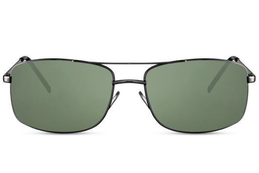 Metal rectangle vintage sunglasses with silver frame and green lenses by Sunglass Station, unisex eyewear with UV protection and lightweight design, available with free shipping across the UK and Europe