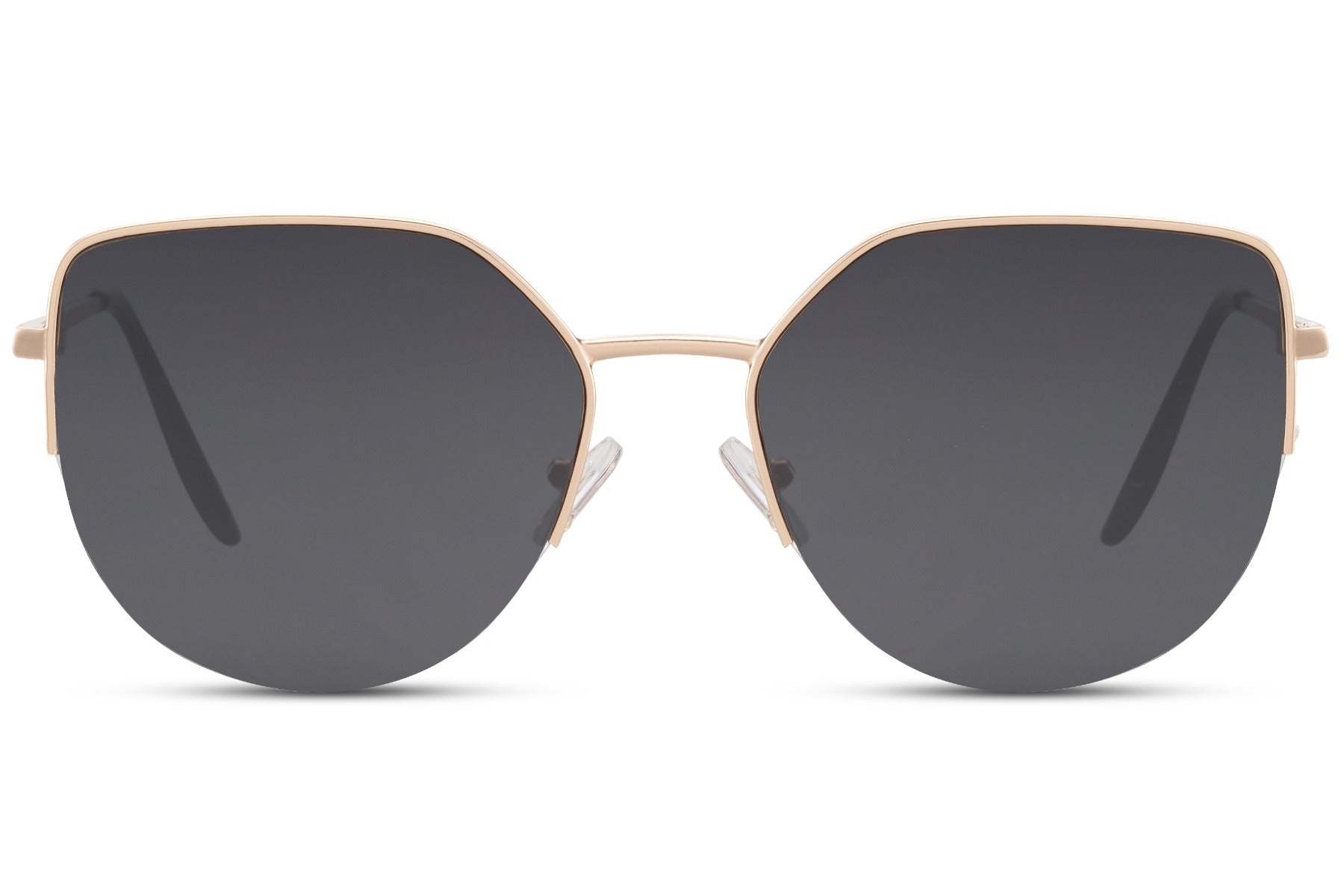 Gold metal cat eye sunglasses with dark tinted lenses and lightweight oversized frame