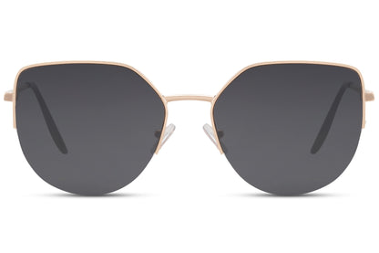 Gold metal cat eye sunglasses with dark tinted lenses and lightweight oversized frame