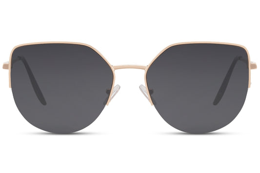 Gold metal cat eye sunglasses with dark tinted lenses and lightweight oversized frame