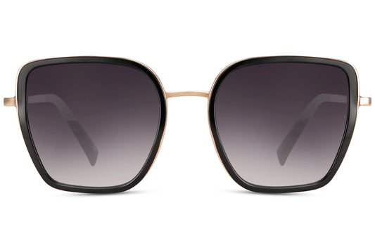 Black metal cat eye sunglasses with gradient tinted lenses and bold oversized frame design