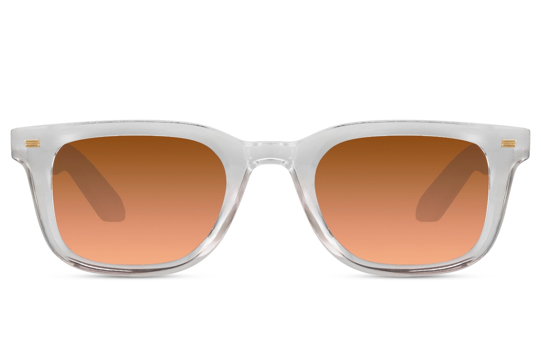 Minimal clear frame sunglasses with square silhouette and lightweight eco friendly design for men and women