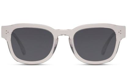 Modern polarized square sunglasses with transparent acetate frame and dark glare reducing lenses for everyday wear