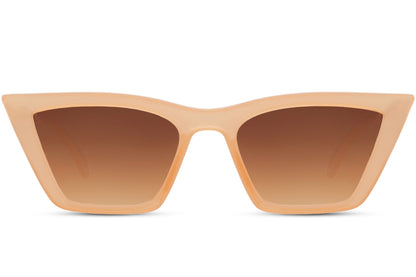 Nude brown cat eye sunglasses with minimalist razor frame and lightweight design