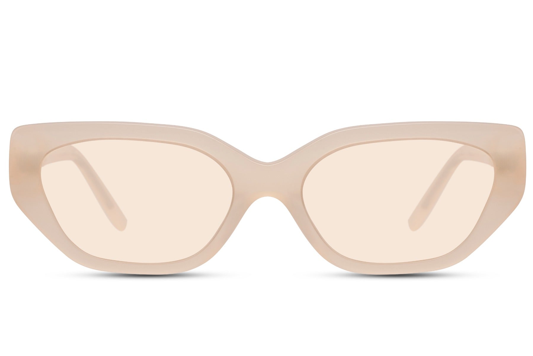 Nude geometric cat eye sunglasses with minimalist frame and soft tinted lenses