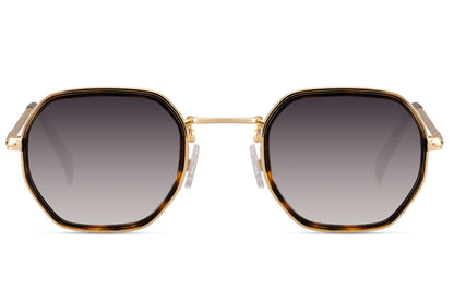 Octagon inspired square sunglasses with gradient brown lenses and minimalist geometric metal frame