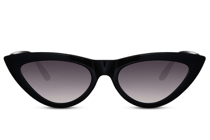Onyx Blade cat eye sunglasses with sharp black frame and dark gradient lenses, delivering bold statement style with UV protection and modern edge