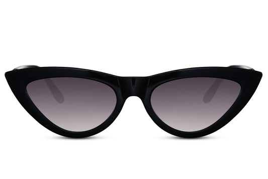 Onyx Blade cat eye sunglasses with sharp black frame and dark gradient lenses, delivering bold statement style with UV protection and modern edge