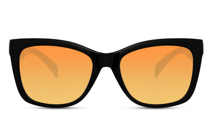 Chunky cat eye sunglasses with orange tinted lenses and statement frame design