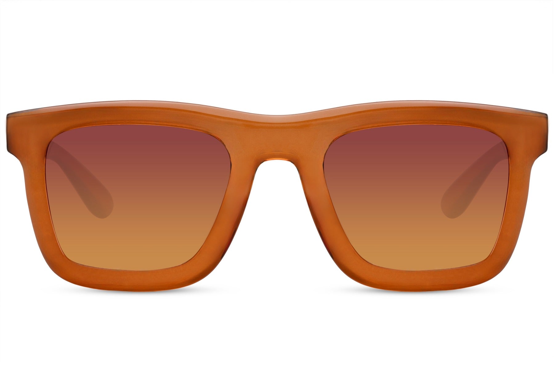 Chunky square sunglasses with orange lenses and recycled brown frame for retro fashion and casual outdoor styling