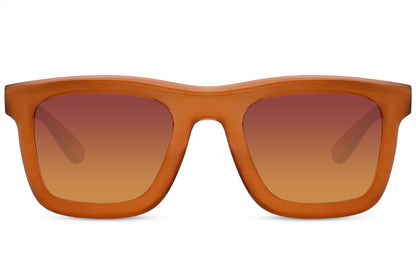 Chunky square sunglasses with orange lenses and recycled brown frame for retro fashion and casual outdoor styling