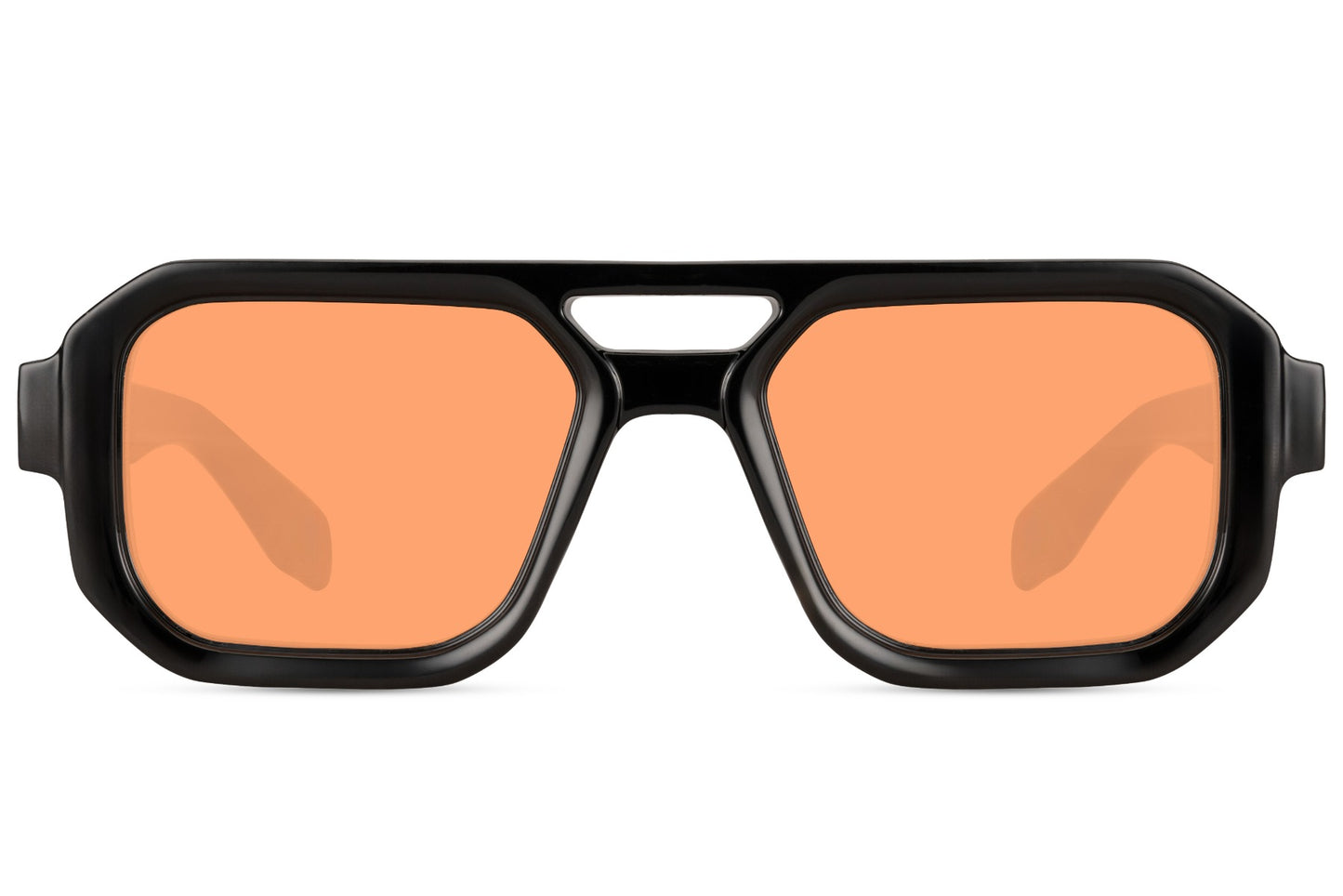 Geometric aviator sunglasses with orange tinted lenses, ideal for bold outfits and standout fashion looks