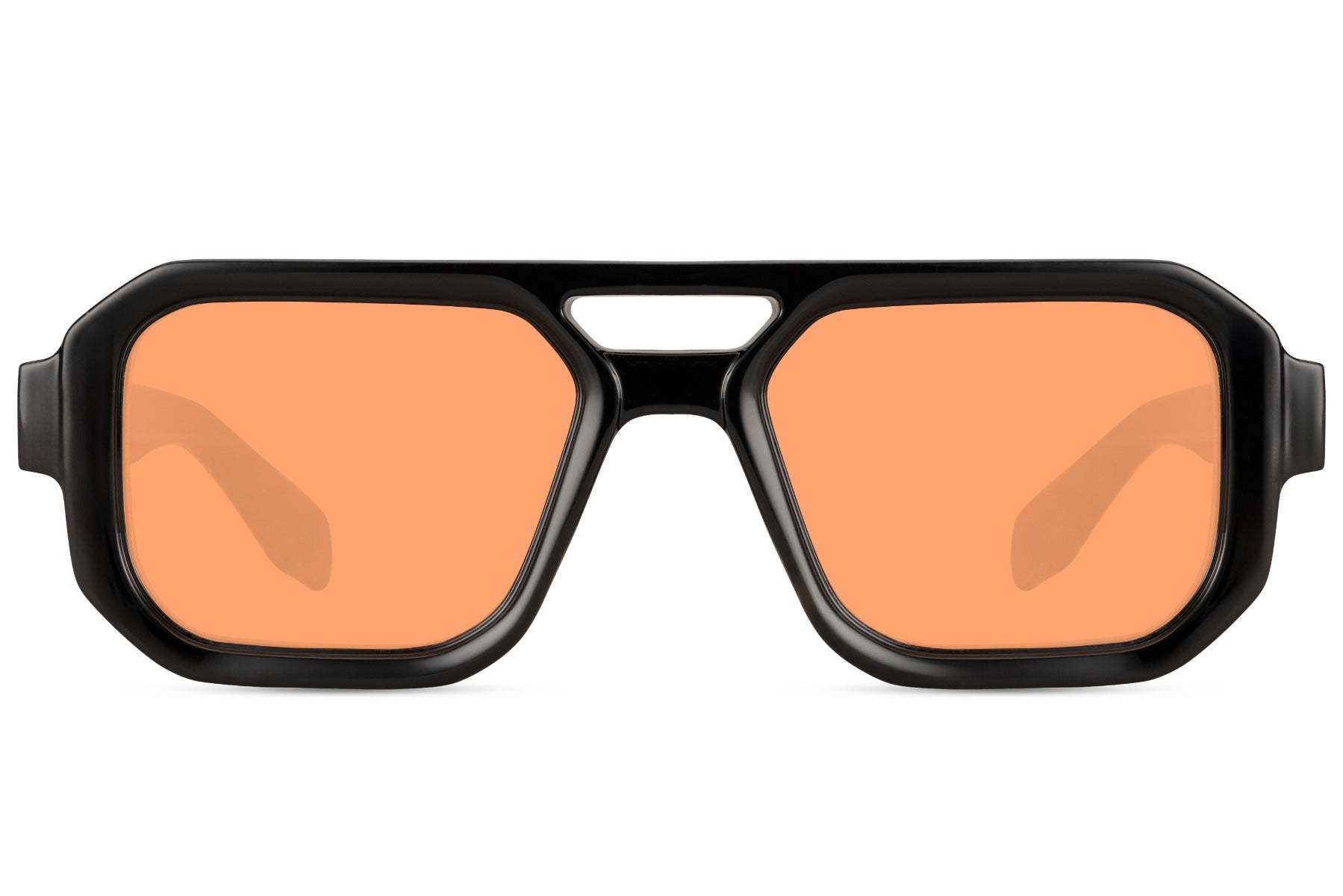 Geometric aviator sunglasses with orange tinted lenses, ideal for bold outfits and standout fashion looks