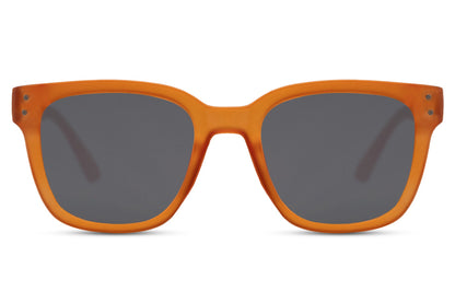 Bold orange square sunglasses with lightweight recycled frame and dark UV protection lenses for statement streetwear