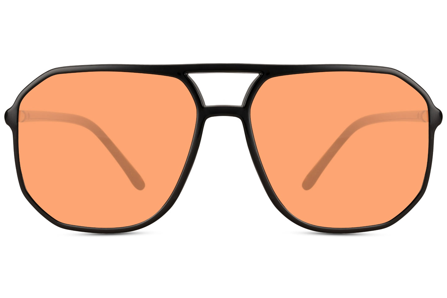 Orange tinted retro aviator sunglasses with geometric frame, suitable for casual styling and travel looks